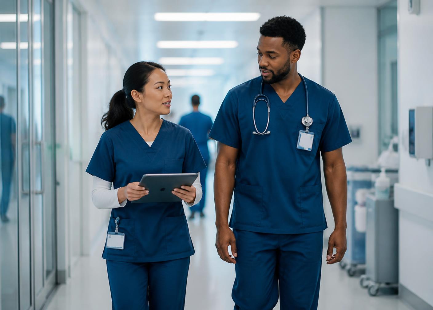 Nurse and physician in scrubs walking and talking in a bright hospital corridor